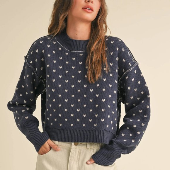 NWT Navy Patterned Cropped Sweater - Picture 1 of 8